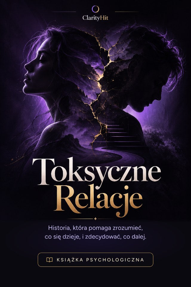 Okładka książki Toksyczne Relacje od ClarityHit: dwa profile w fioletowym świetle połączone złotymi pęknięciami, podpis „Książka psychologiczna”